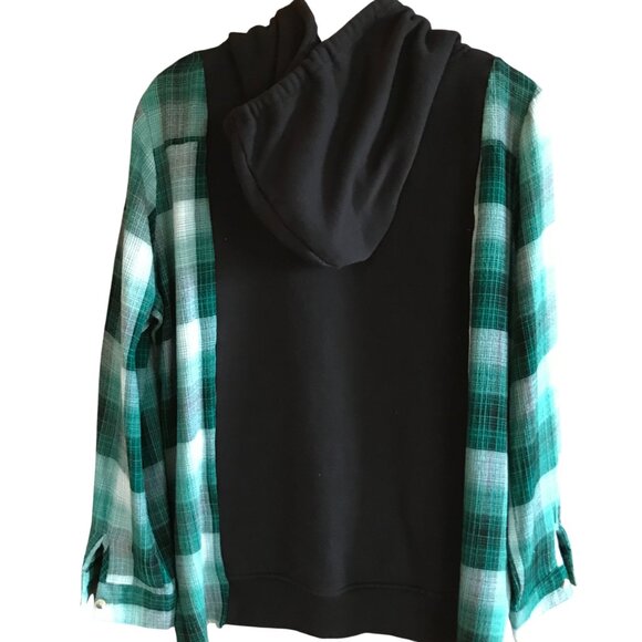 Upcycled Patchwork Jacket, M-L: Flannel Hoodie Sweatshirt, Green Plaid, Star - Picture 2 of 11